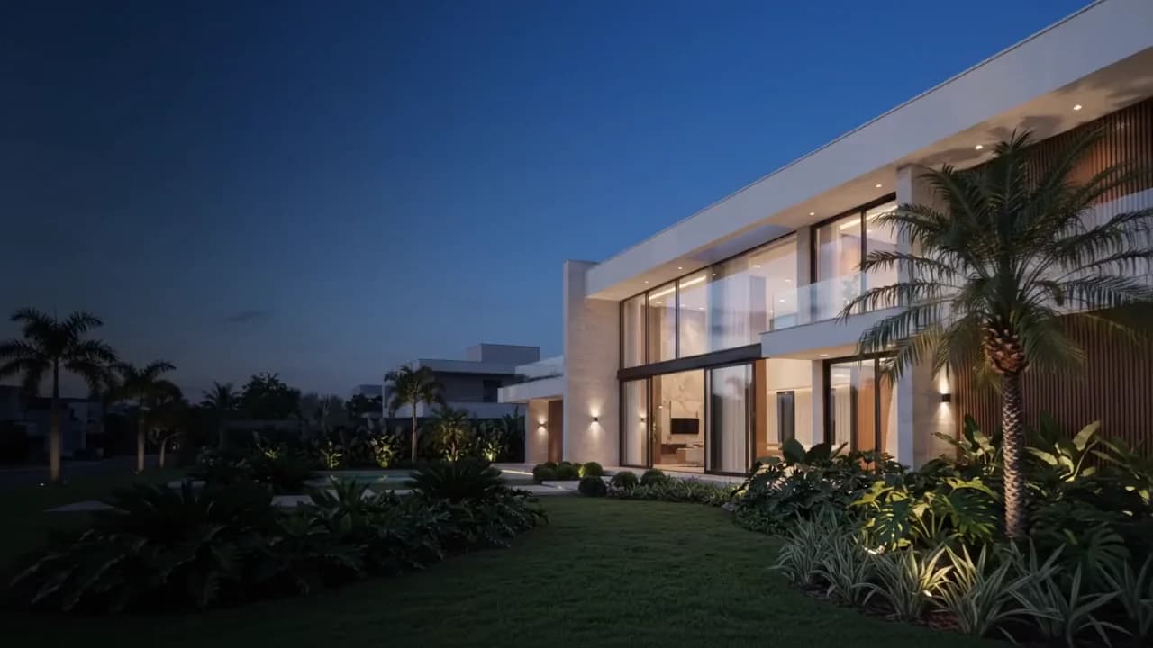 Residência contemporânea cercada por paisagismo